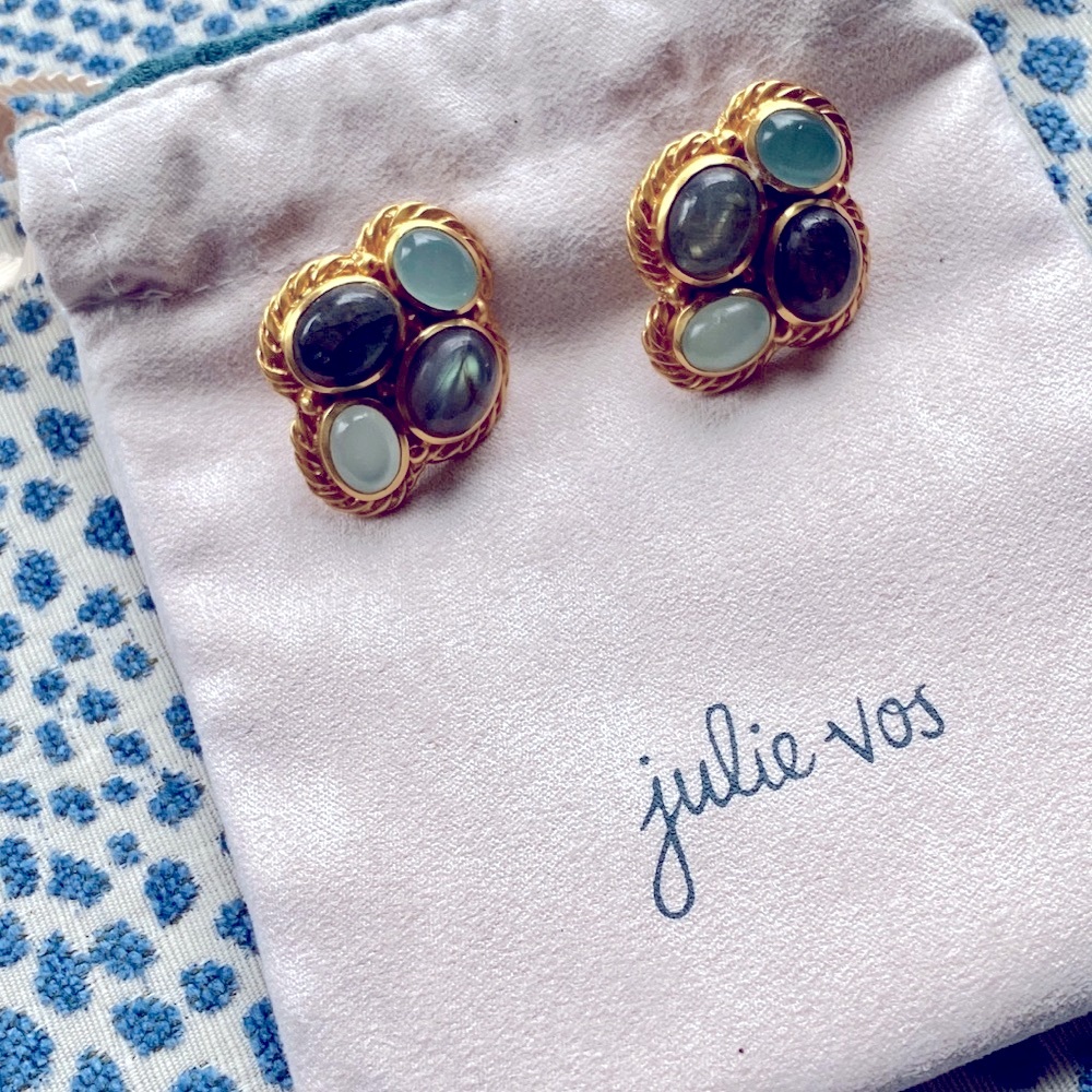Julie Vos 4 cabochon stone clip earrings. Labradorite and aqua chalcedony.